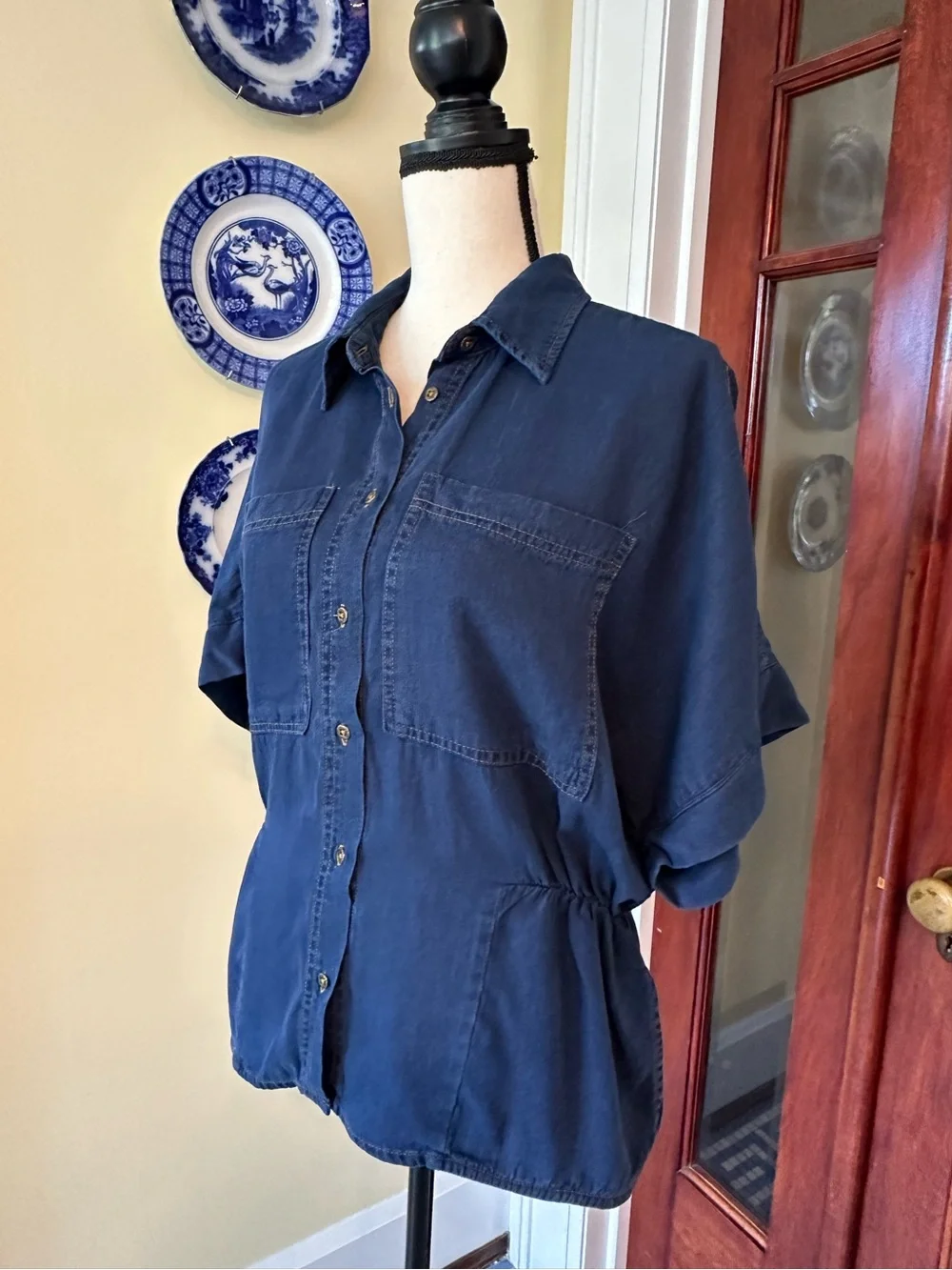 Democracy | Shirttail Hem Peplum Patch Pocket Shirt in Indigo, Size M